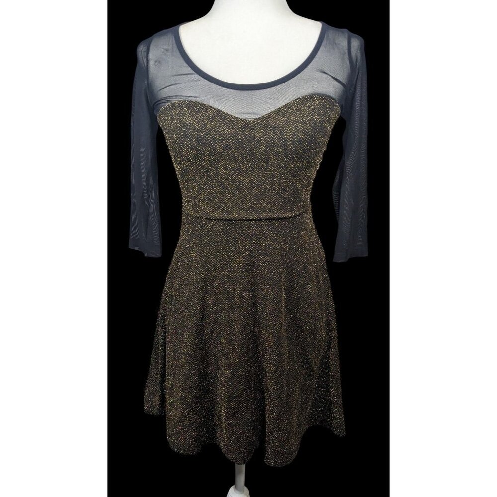 Material Girl Gothic Glam 80s Style Black And Gold Mesh Top Dress Size Small